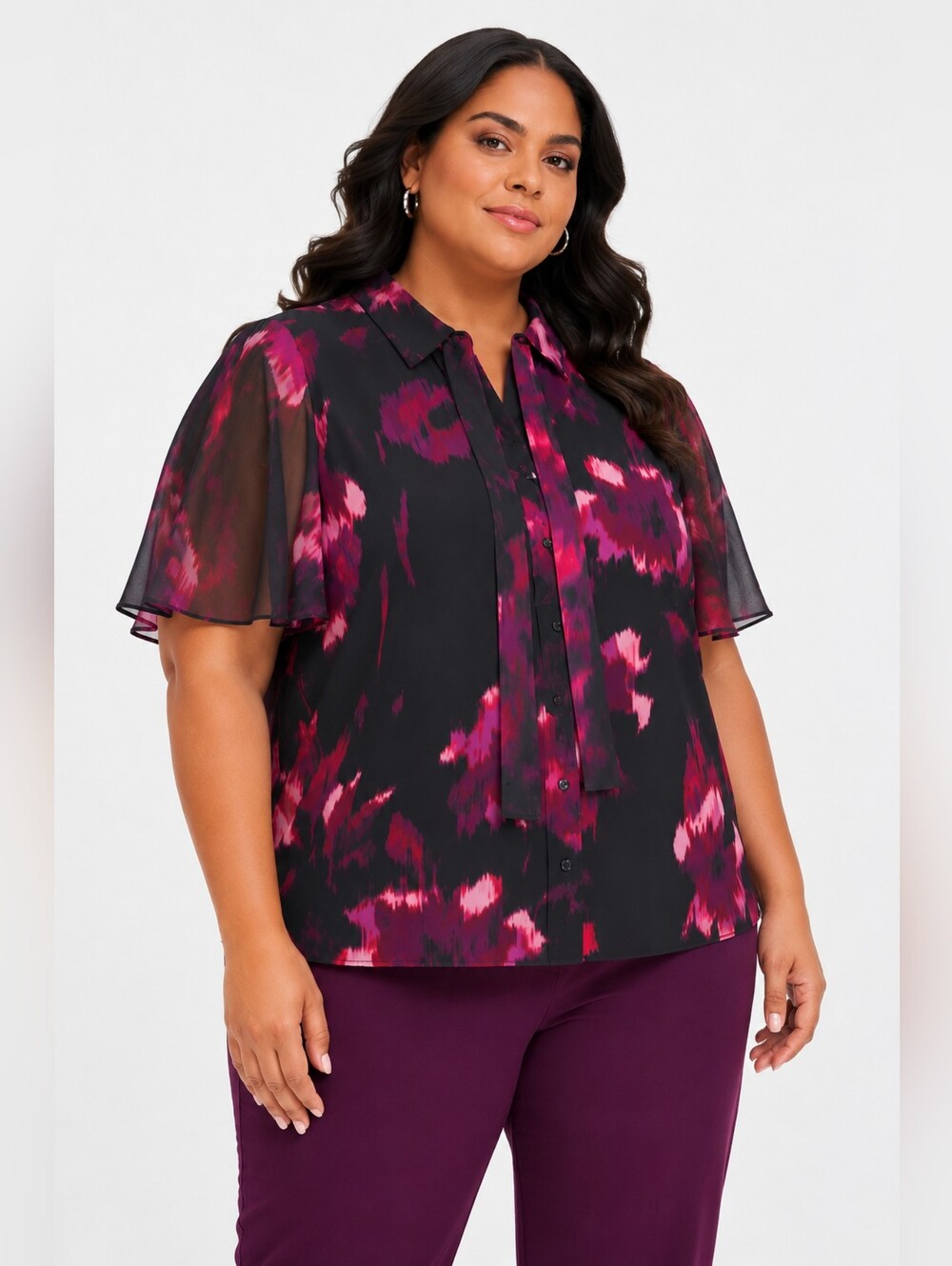 Calvin Klein Women's Abstract Print Tie-Neck Flutter Sleeve Blouse Black Pink 3X